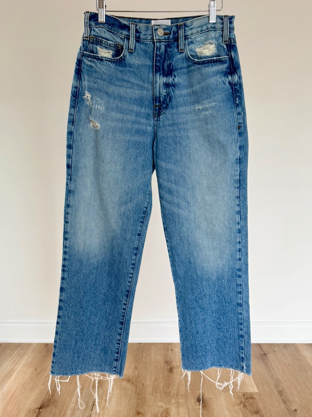 FRAME Le Jane Crop Jeans 27 Baines Rips High Rise Straight Raw Hem 100% Cotton